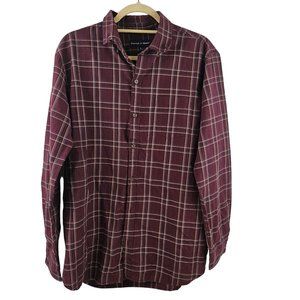 Preswick & Moore Shirt Mens Large Burgundy Red Gold Plaid Button Front Casual